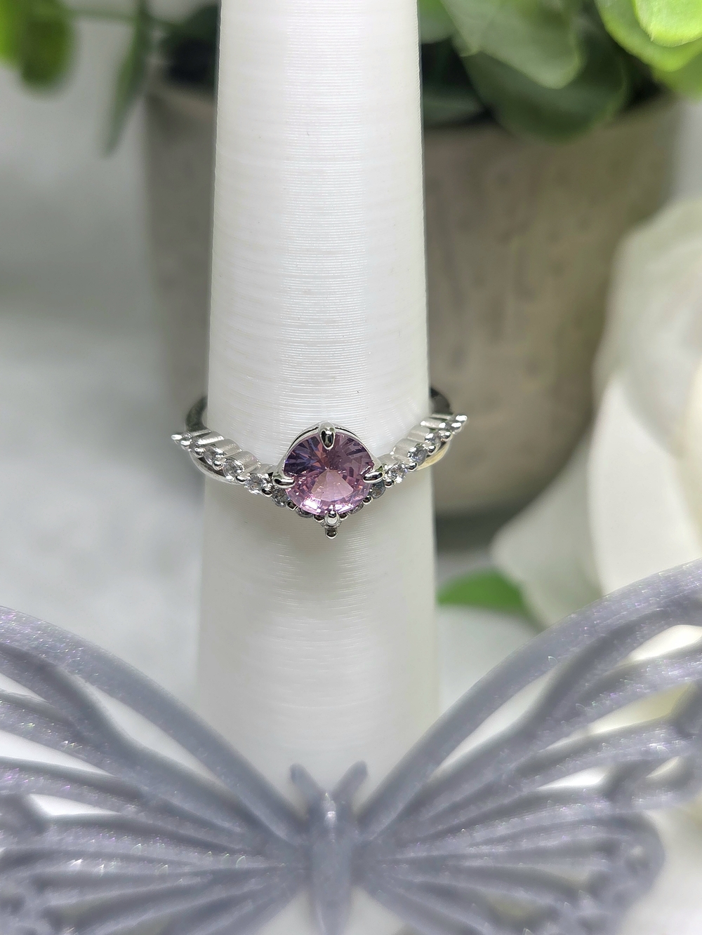 Silver Ring with Pink Center Stone and Accent Crystals